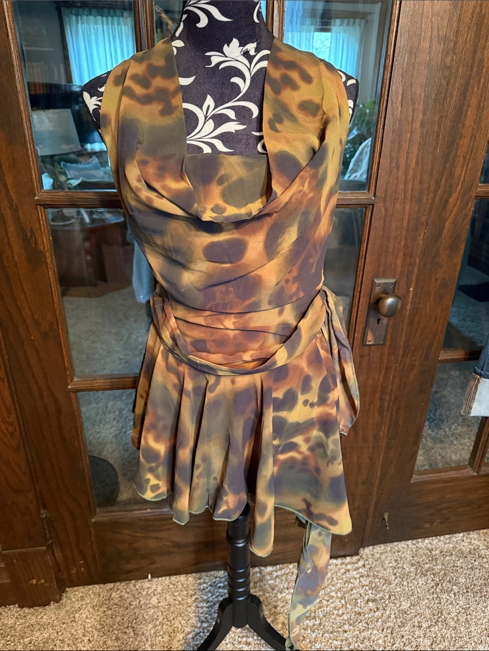 Sleeveless Cowl Mini Dress in Olive and Brown